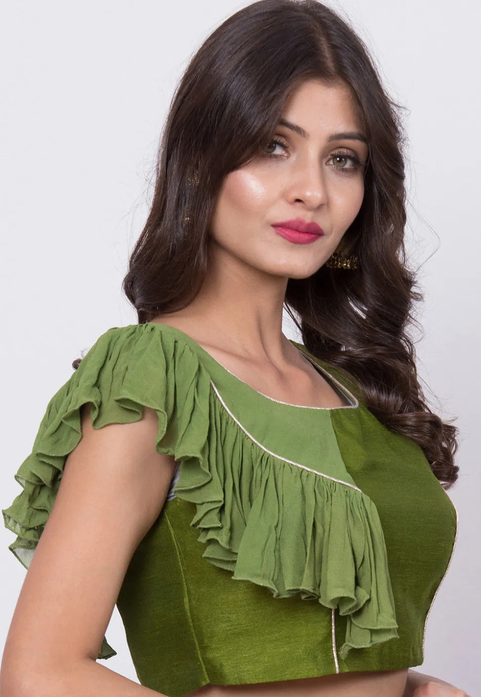 Ruffled Dupion Silk Blouse in Olive Green