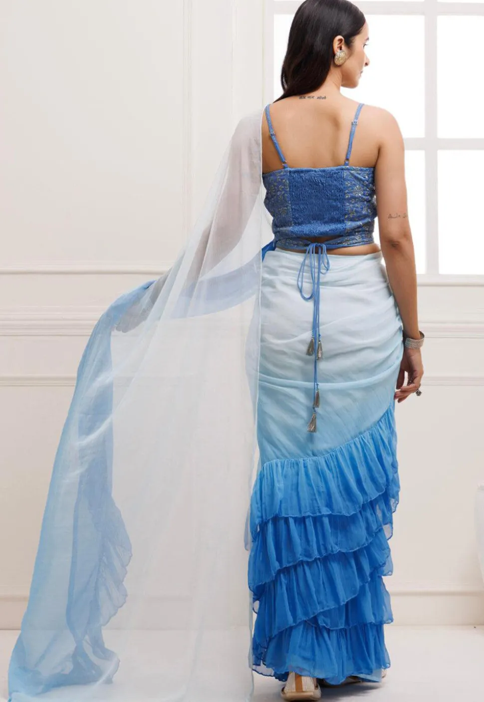 Ruffled Georgette Saree in Shaded Grey and Blue