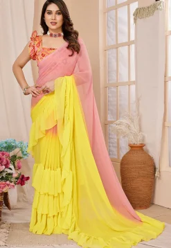 Ruffled Georgette Saree in Shaded Peach and Yellow