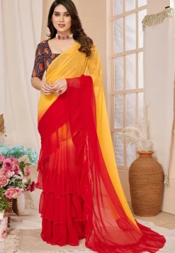 Ruffled Georgette Saree in Shaded Yellow and Red