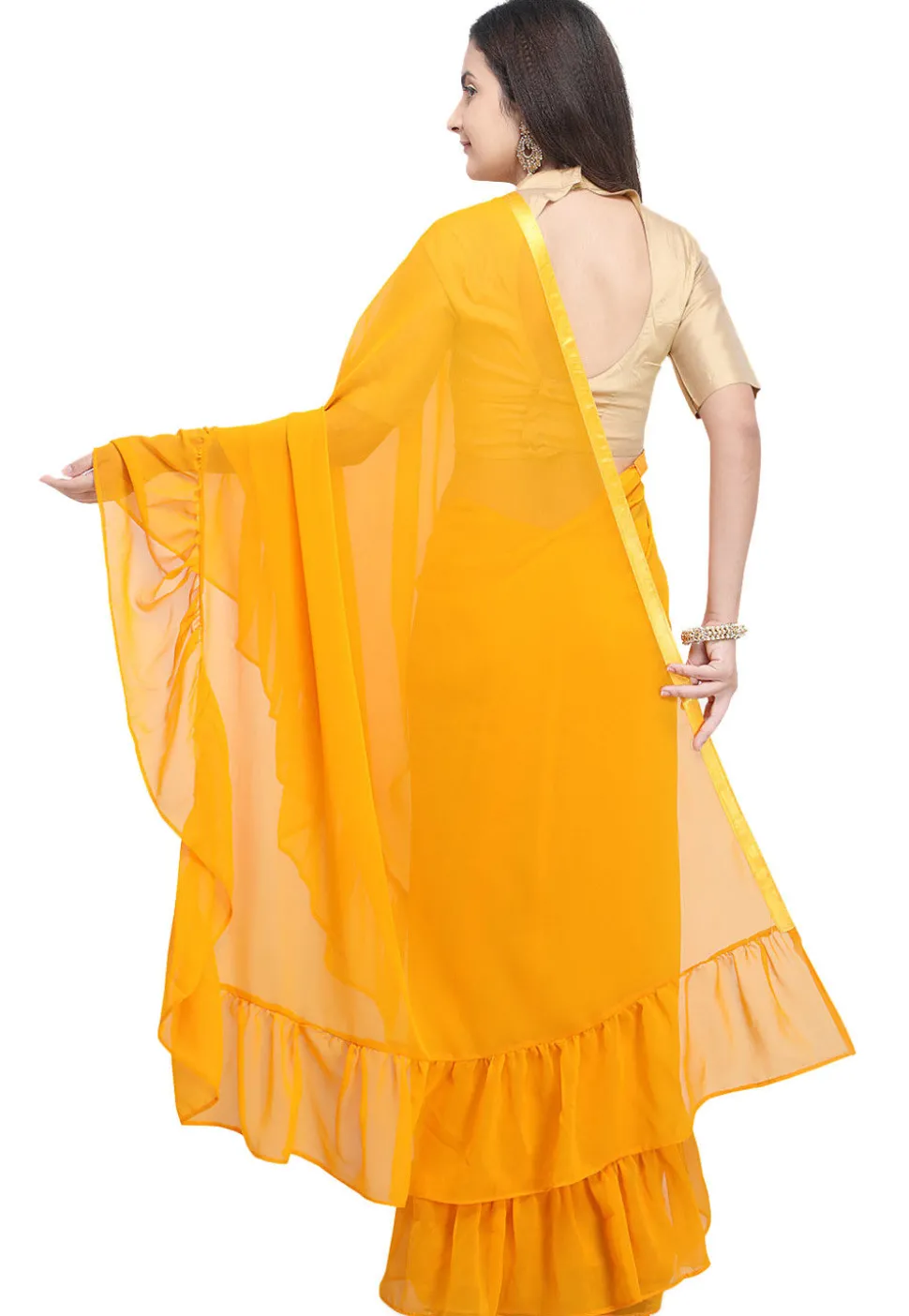 Ruffled Georgette Saree in Mustard