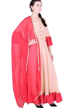 Ruffled Hemline Uppada Silk Abaya Style Suit in Light Peach