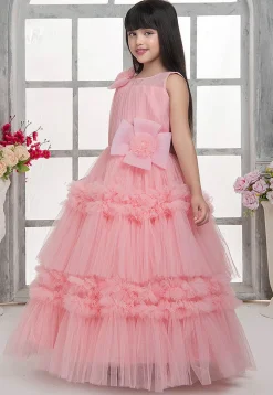 Ruffled Net Gown in Peach