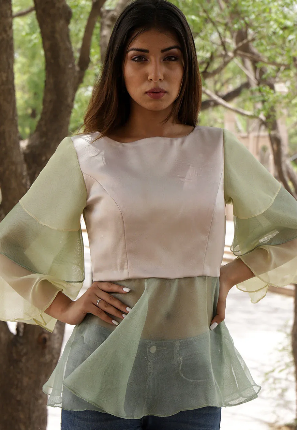 Ruffled Net Peplum Style Top in Light Beige and Light Olive Green