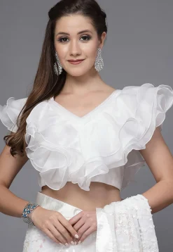 Ruffled Organza and Taffeta Silk Blouse in White
