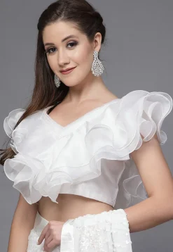 Ruffled Organza and Taffeta Silk Blouse in White