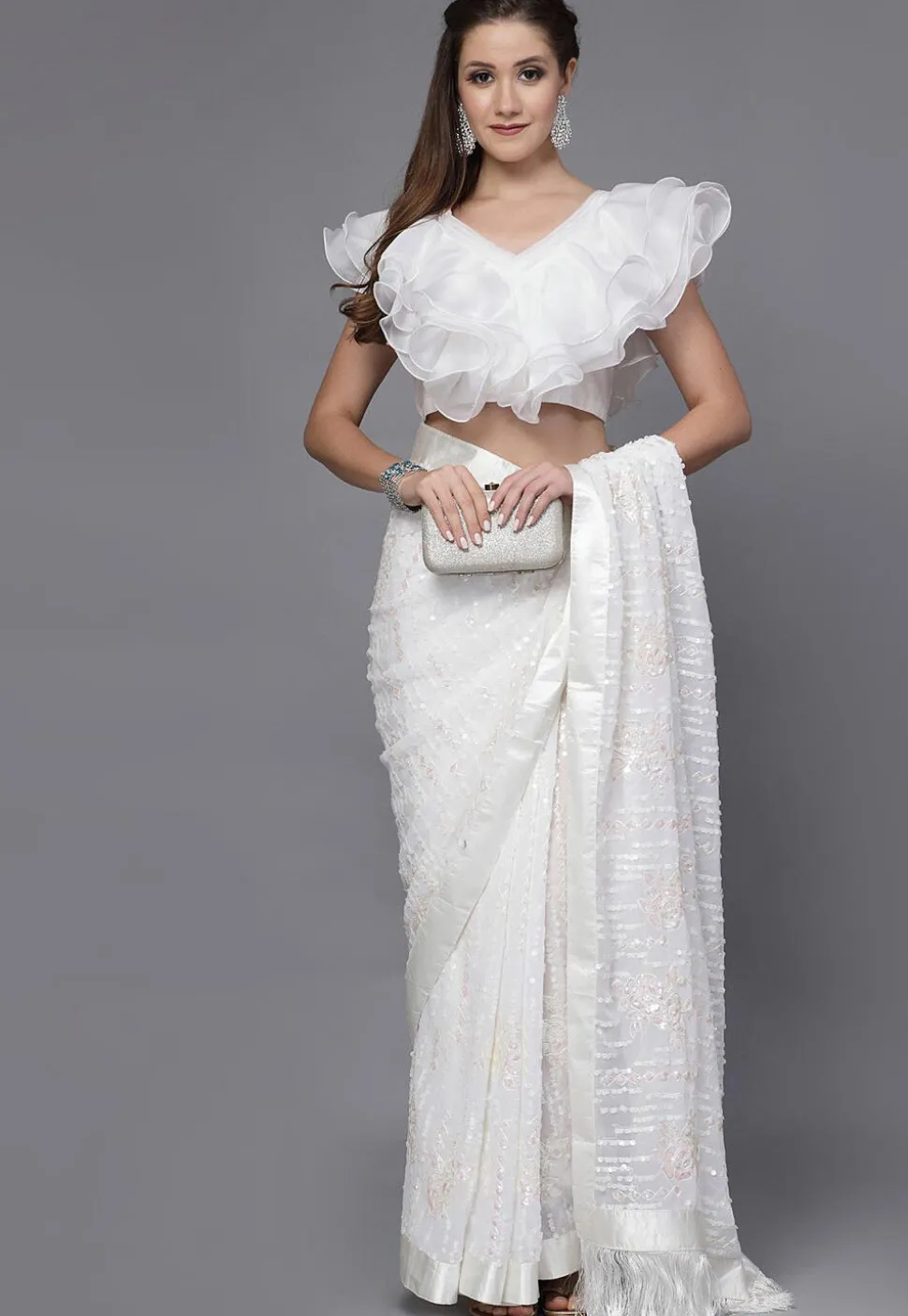 Ruffled Organza and Taffeta Silk Blouse in White