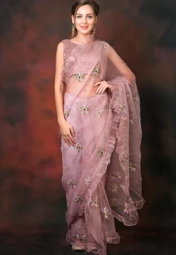 Ruffled Organza Pre-stitched Saree in Lilac