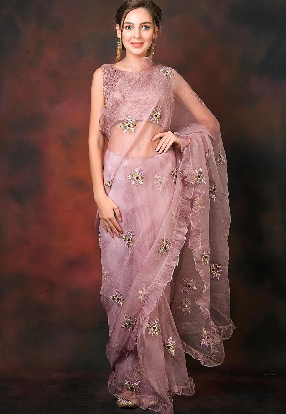 Ruffled Organza Pre-stitched Saree in Lilac