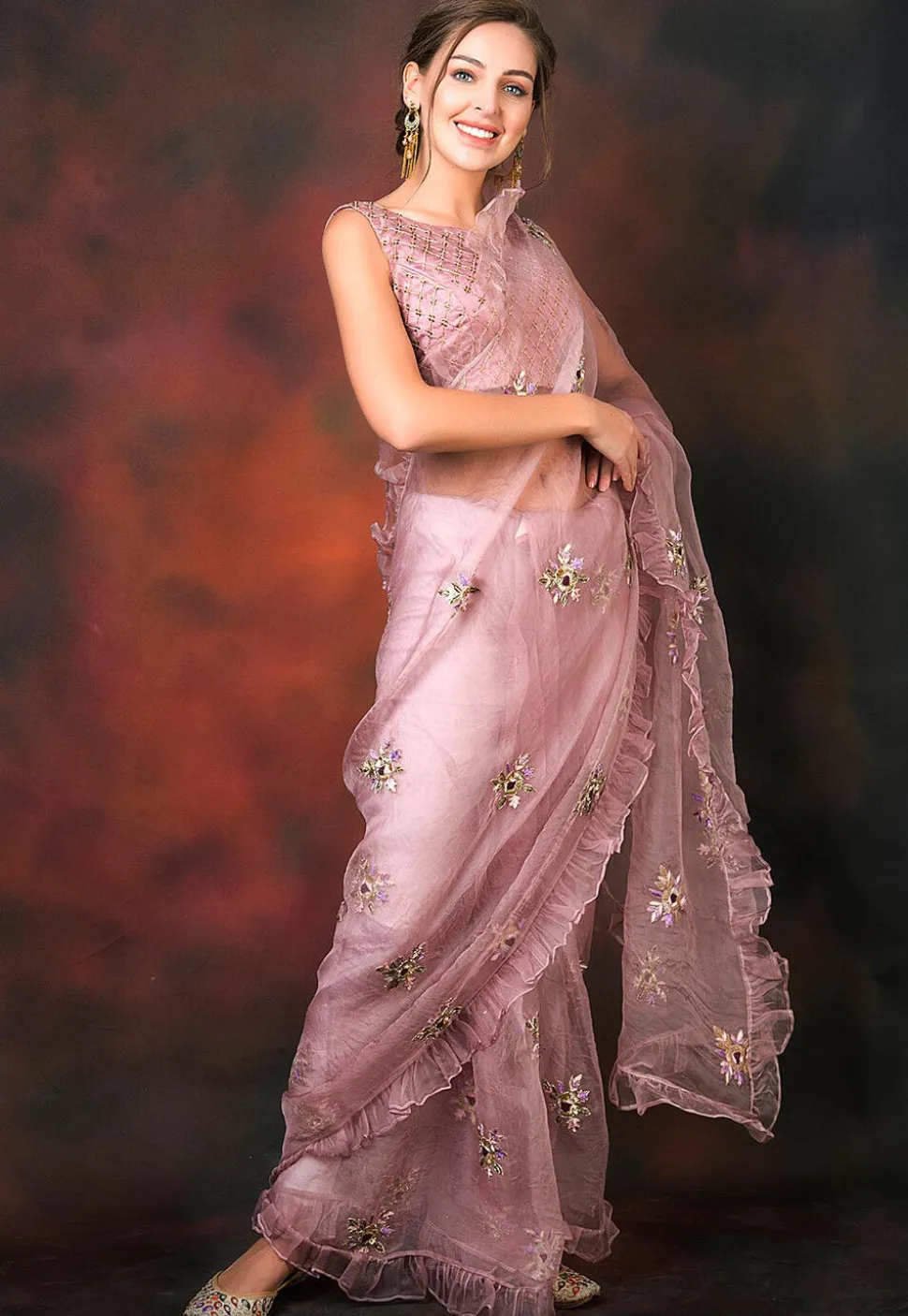 Ruffled Organza Pre-stitched Saree in Lilac
