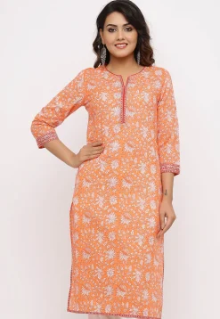 Sanganeri Printed Cotton Straight Kurta in Orange