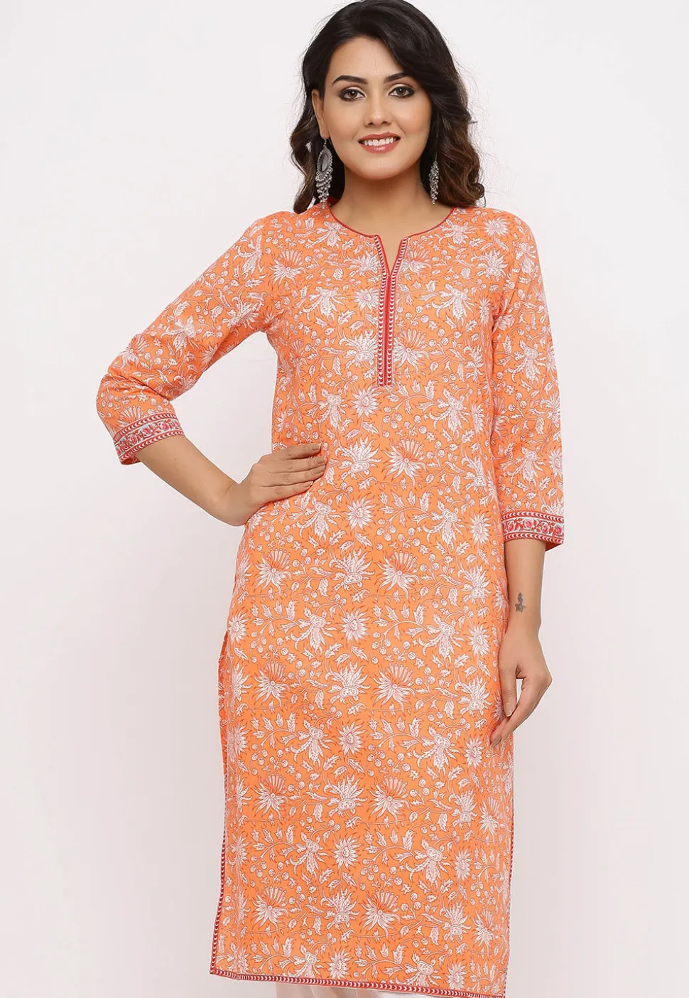 Sanganeri Printed Cotton Straight Kurta in Orange