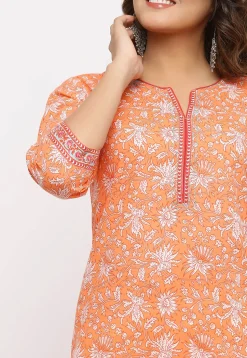 Sanganeri Printed Cotton Straight Kurta in Orange