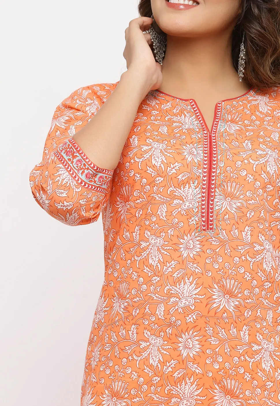 Sanganeri Printed Cotton Straight Kurta in Orange