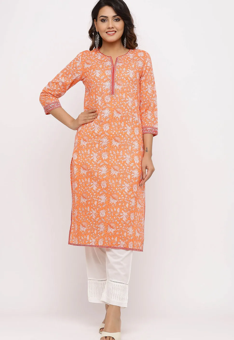 Sanganeri Printed Cotton Straight Kurta in Orange