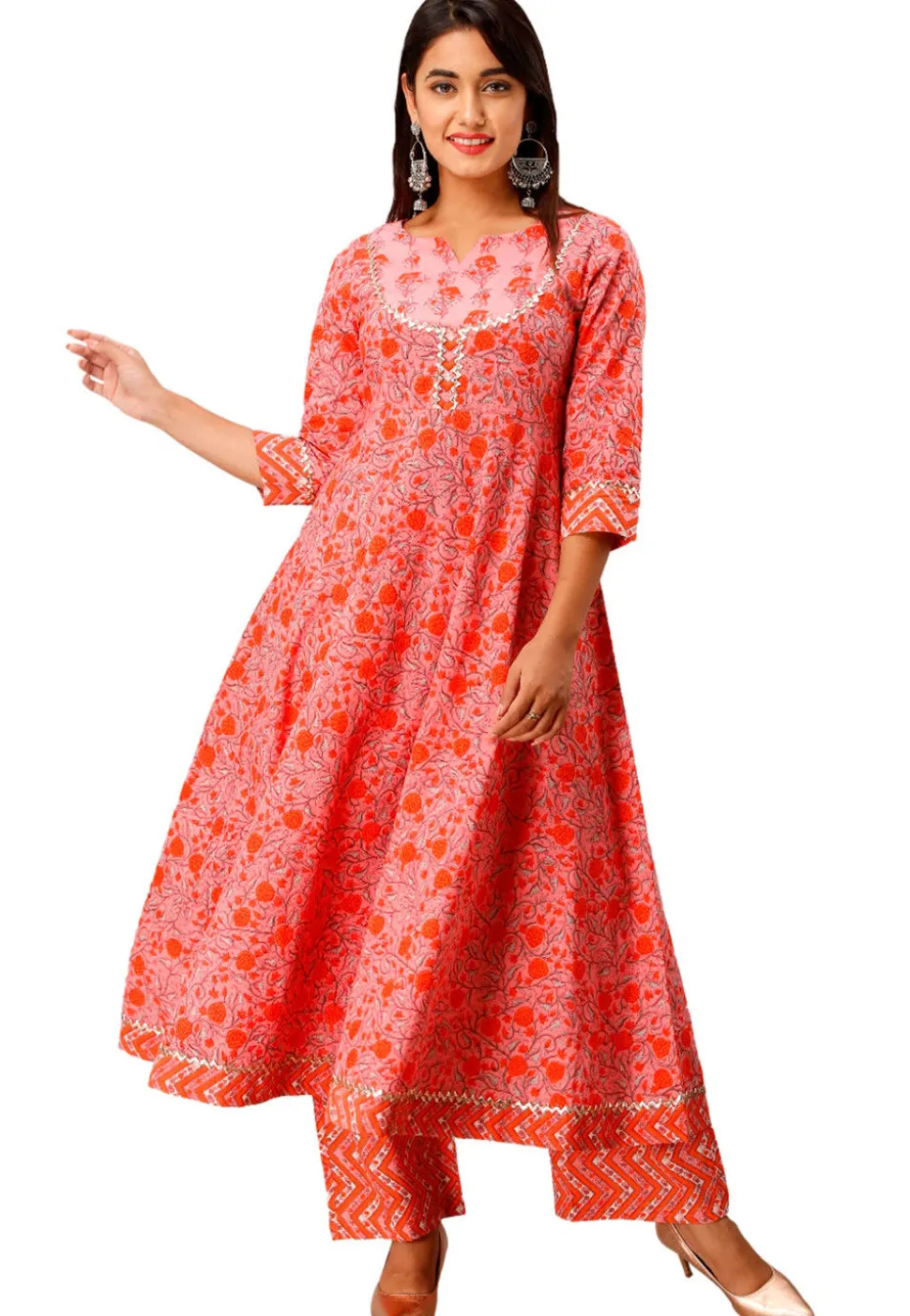 Sanganeri Printed Cotton Kurta with Palazzo in Peach and Orange