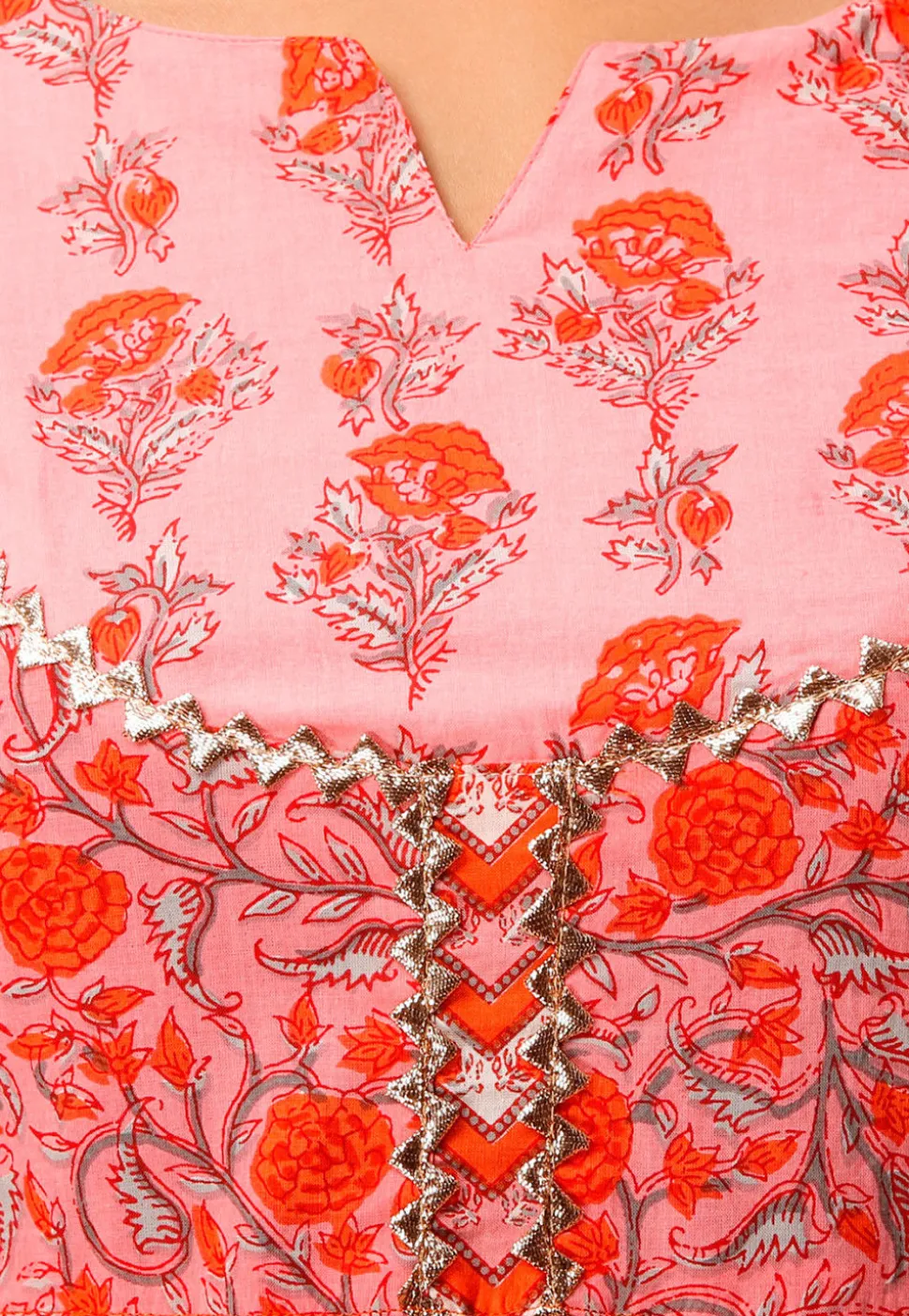 Sanganeri Printed Cotton Kurta with Palazzo in Peach and Orange