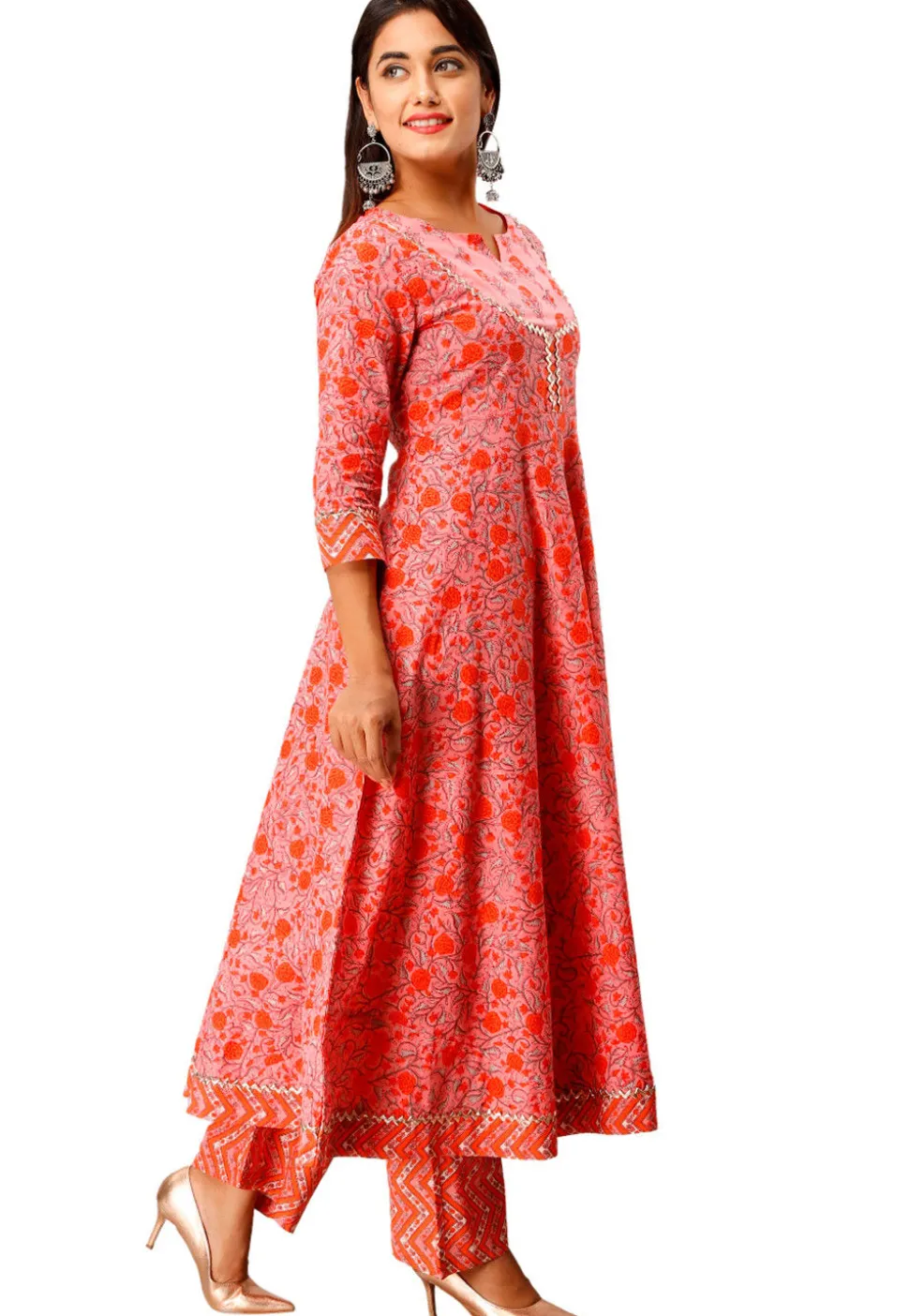 Sanganeri Printed Cotton Kurta with Palazzo in Peach and Orange