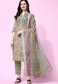 Sanganeri Printed Pure Cotton Pakistani Suit in Dusty Green