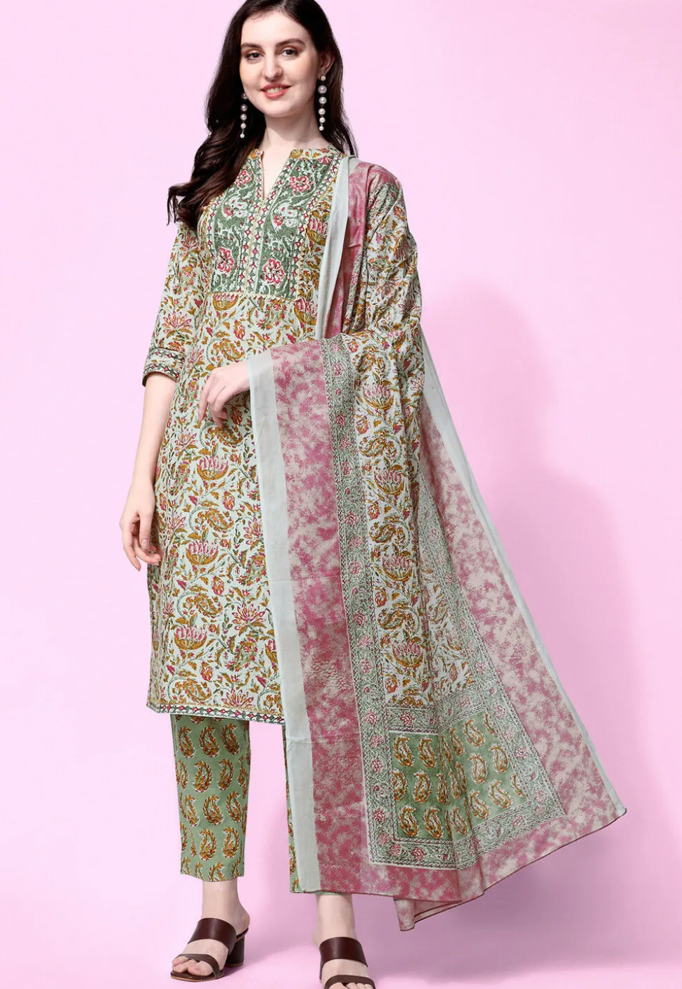 Sanganeri Printed Pure Cotton Pakistani Suit in Dusty Green