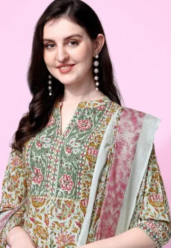 Sanganeri Printed Pure Cotton Pakistani Suit in Dusty Green