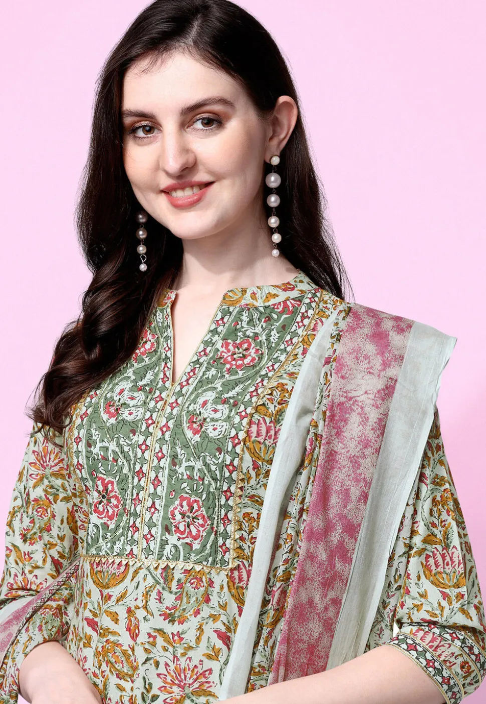 Sanganeri Printed Pure Cotton Pakistani Suit in Dusty Green