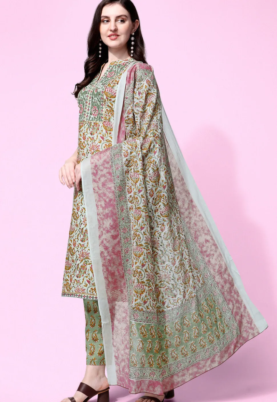Sanganeri Printed Pure Cotton Pakistani Suit in Dusty Green