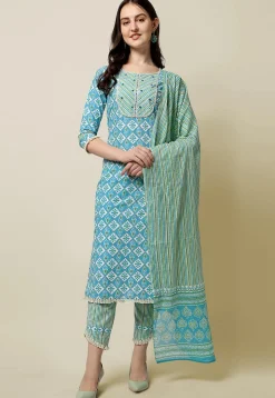 Sanganeri Printed Pure Cotton Pakistani Suit in Sky Blue