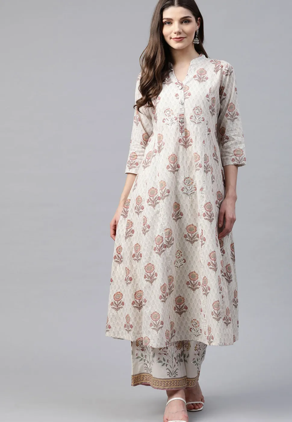 Sanganeri Printed Pure Cotton Kurta with Palazzo in Off White