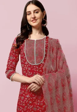 Sanganeri Printed Pure Cotton Pakistani Suit in Coral Red