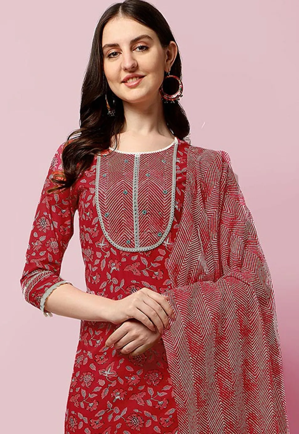 Sanganeri Printed Pure Cotton Pakistani Suit in Coral Red