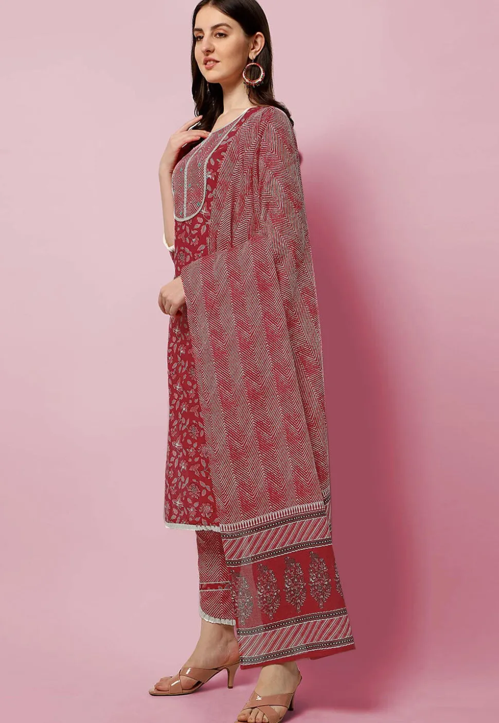 Sanganeri Printed Pure Cotton Pakistani Suit in Coral Red
