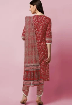 Sanganeri Printed Pure Cotton Pakistani Suit in Coral Red
