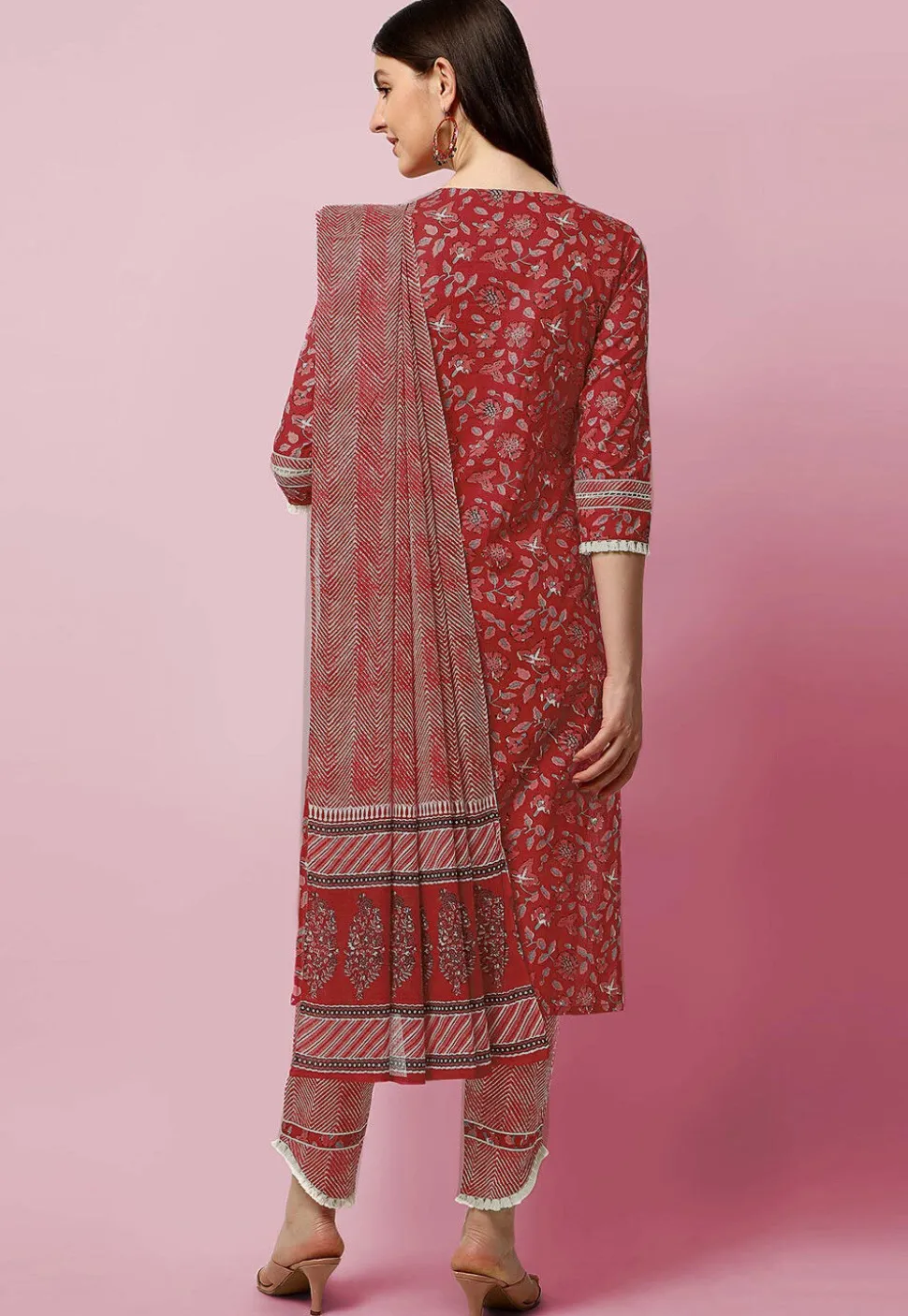 Sanganeri Printed Pure Cotton Pakistani Suit in Coral Red