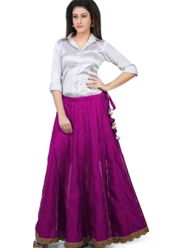 Scallop Border Bhagalpuri Silk Long Skirt in Magenta