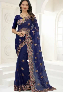 Scalloped Net Saree in Navy Blue