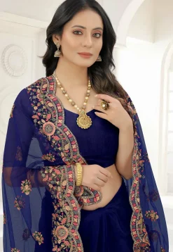 Scalloped Net Saree in Navy Blue