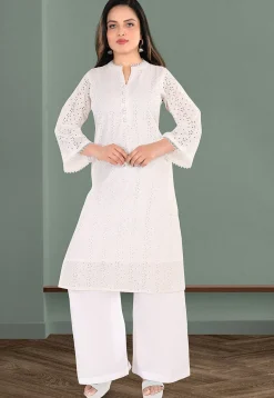 Schiffli Cotton Straight Kurta Set in Off White