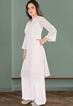 Schiffli Cotton Straight Kurta Set in Off White