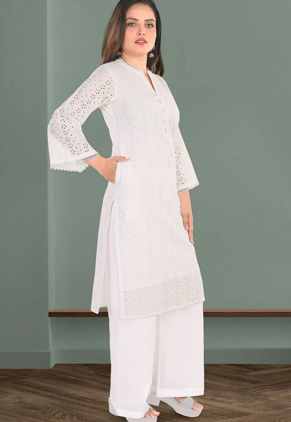 Schiffli Cotton Straight Kurta Set in Off White