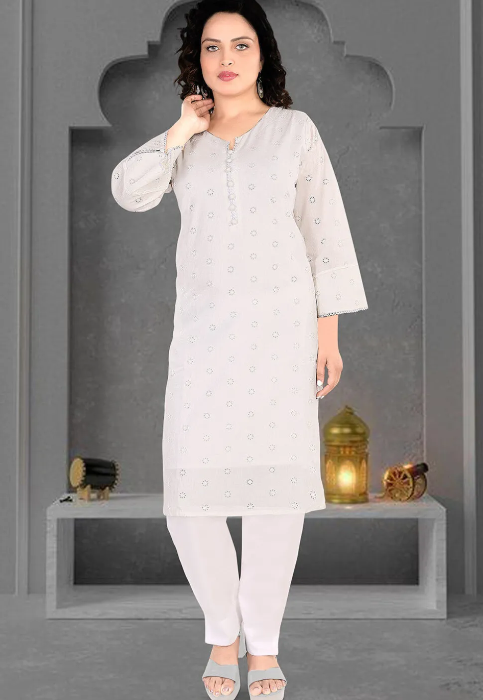 Schiffli Cotton Straight Kurta Set in Off White