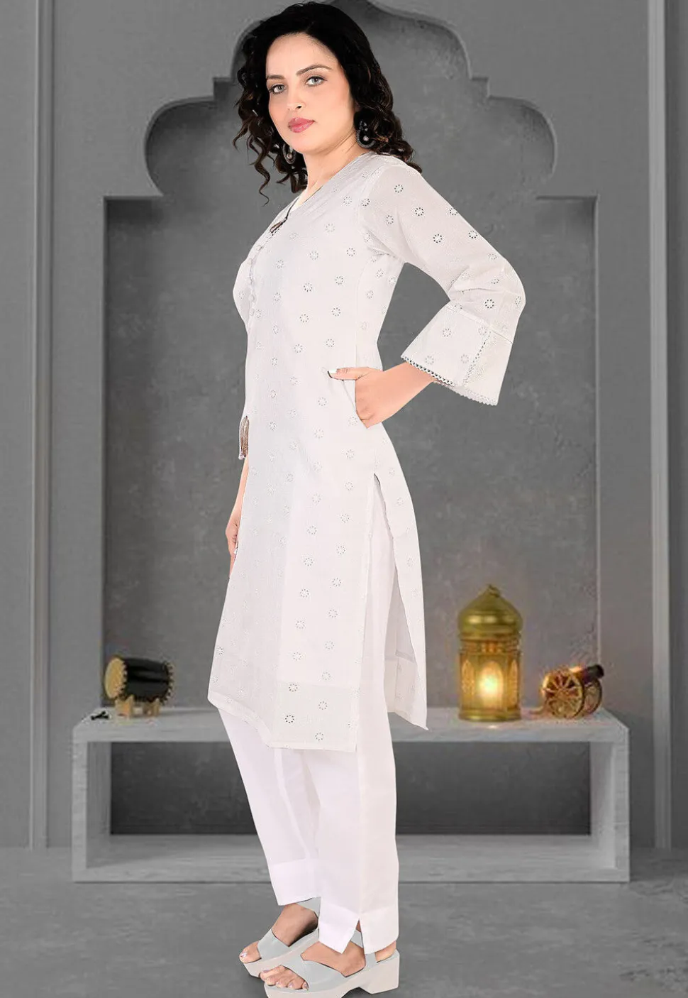 Schiffli Cotton Straight Kurta Set in Off White