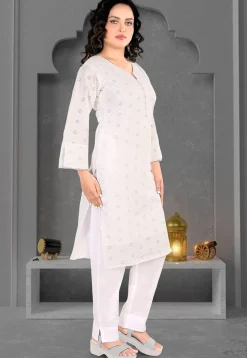 Schiffli Cotton Straight Kurta Set in Off White