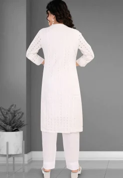 Schiffli Cotton Straight Kurta Set in Off White