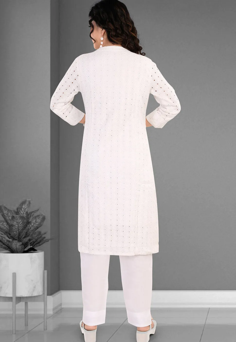 Schiffli Cotton Straight Kurta Set in Off White