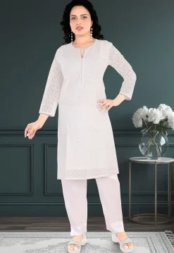 Schiffli Cotton Straight Kurta Set in Off White