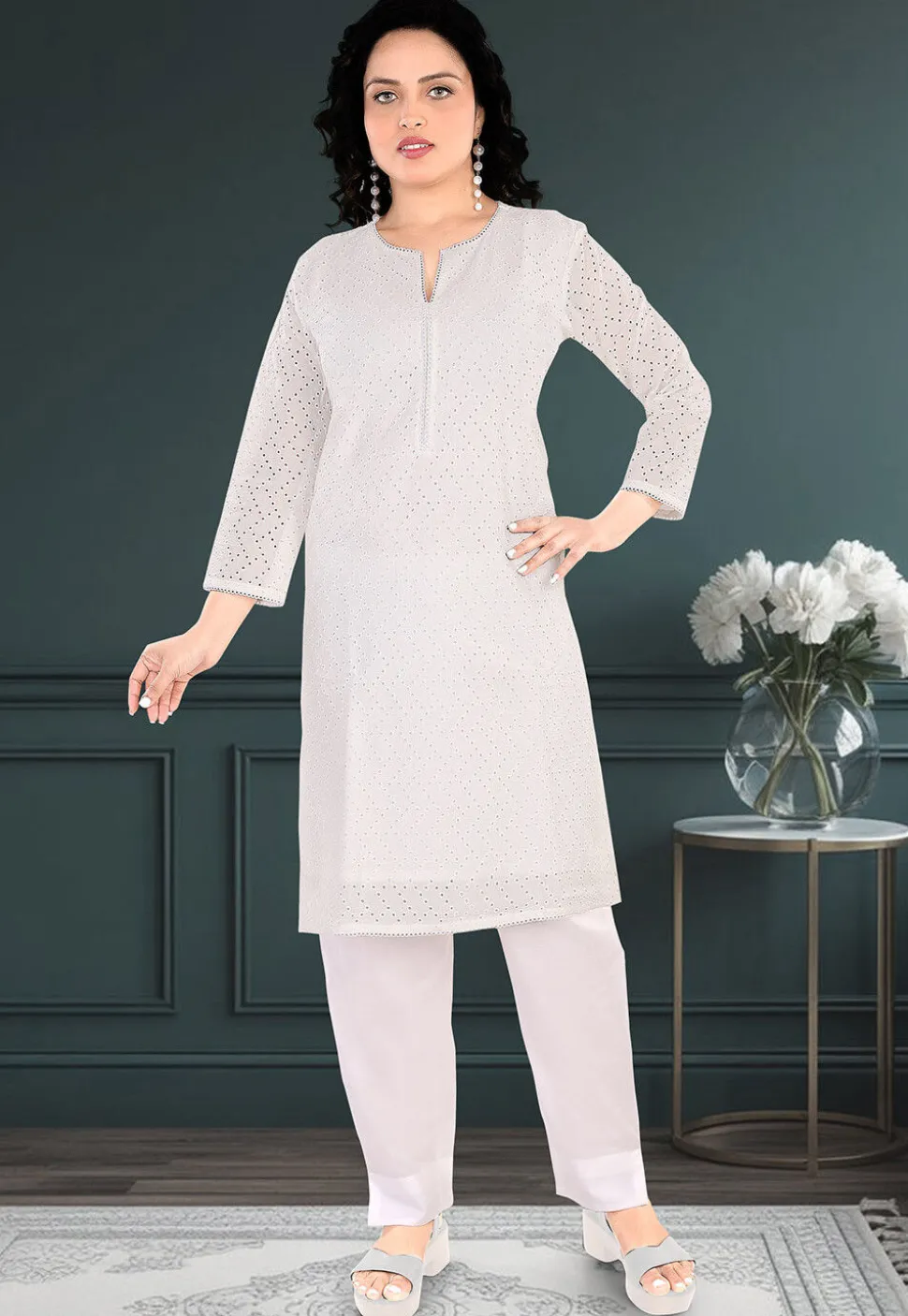 Schiffli Cotton Straight Kurta Set in Off White
