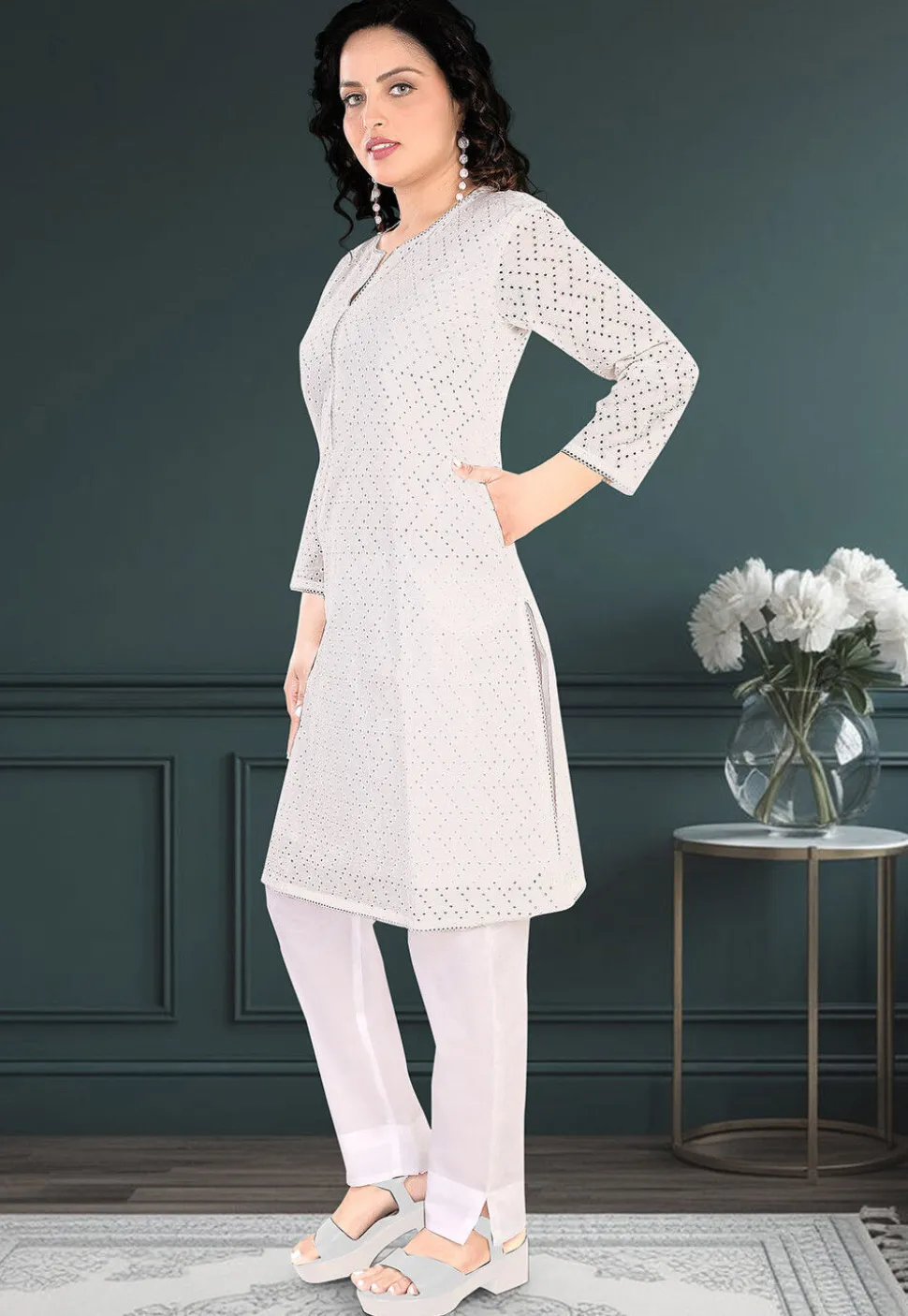 Schiffli Cotton Straight Kurta Set in Off White