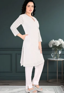 Schiffli Cotton Straight Kurta Set in Off White