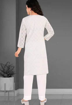 Schiffli Cotton Straight Kurta Set in Off White